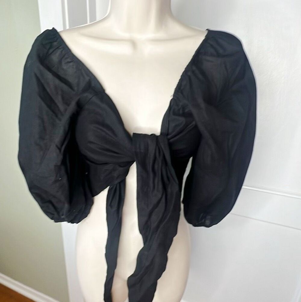Petal & Pup Celine Tie Front Cotton & Linen Crop Top Black Size Small Nwot
